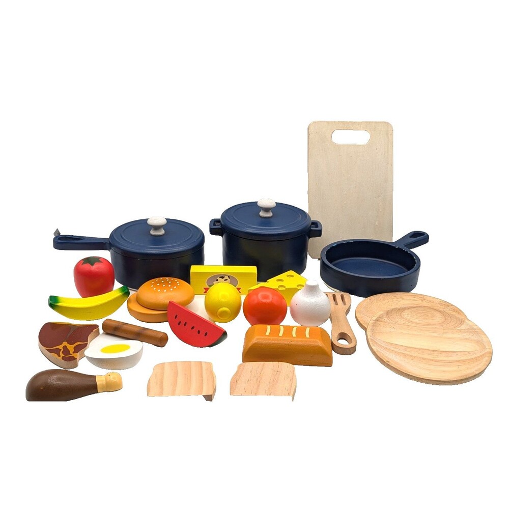Wooden Play Food Set Lot Of 24 Pots Pans Food Plates